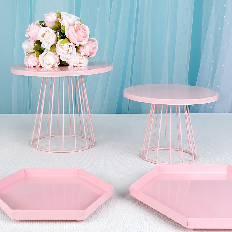 1-6pcs   Metal Cake Stand Set Birthday Party Macaron Cupcake Rack Stand For Wedding Pink