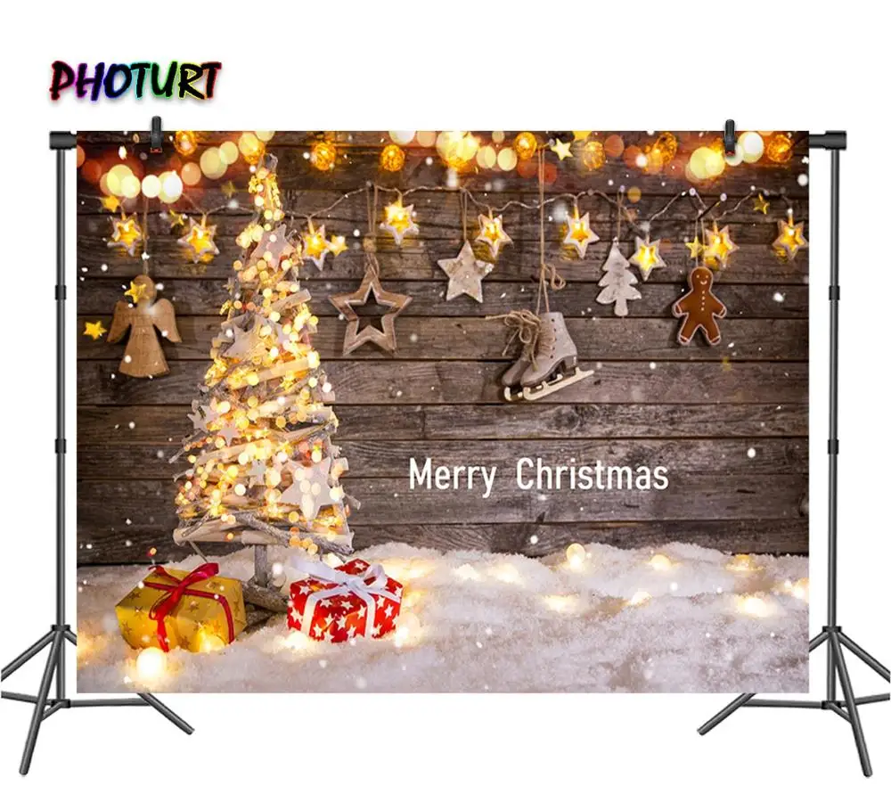 PHOTURT Merry Christmas Photography Backdrops Tree Gift Red Sock Background Wall Wooden White Floor Glitter Photo Studios Prop