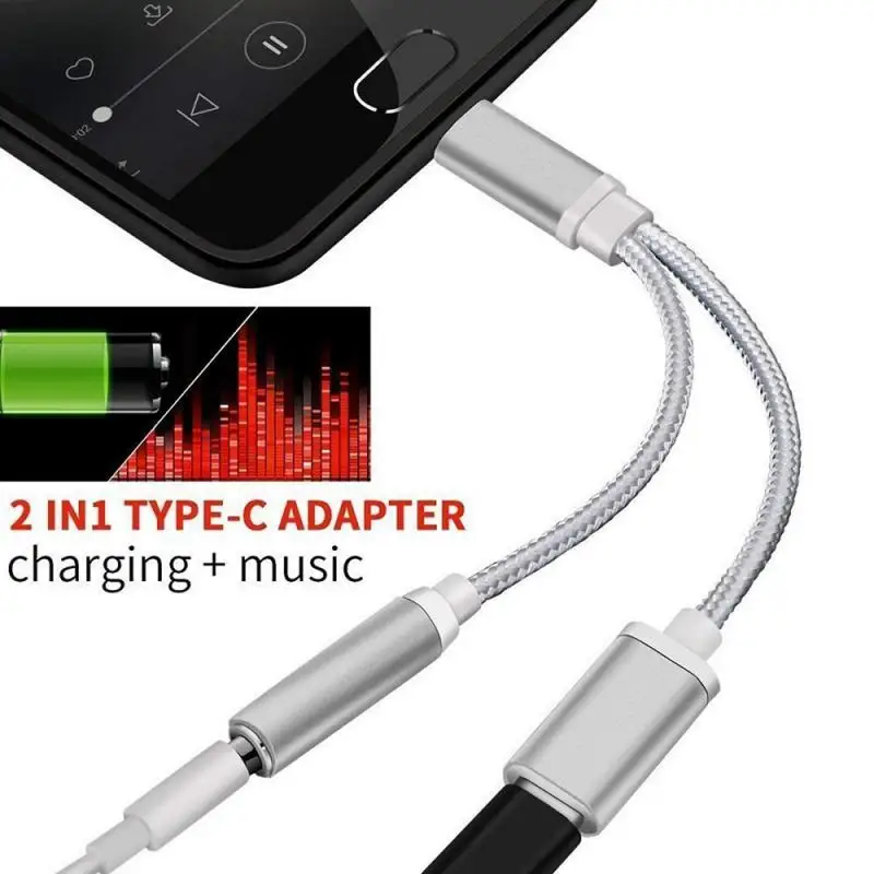 USB Type-C Adapter 3.5mm Audio Charging Cable Mobile Phone Splitter Jack 2 In 1 Cable Adapter Supporting Headphone 5 Colors