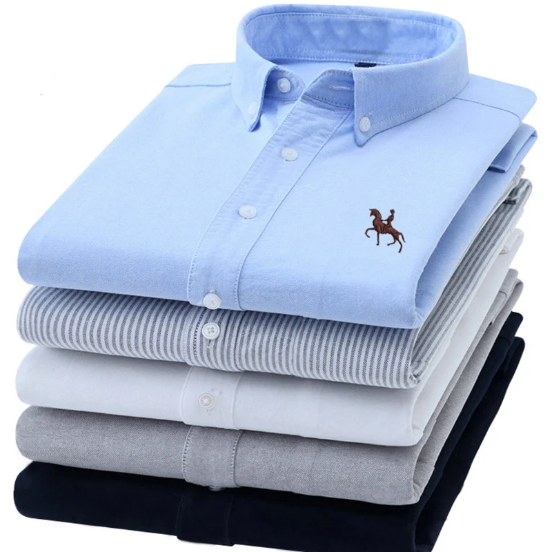 S-6XL Casual Pure Cotton Oxford Mens Shirts Long Sleeve Embroidery Horse Design Regular Fit Fashion Button Man White Dress Shirt