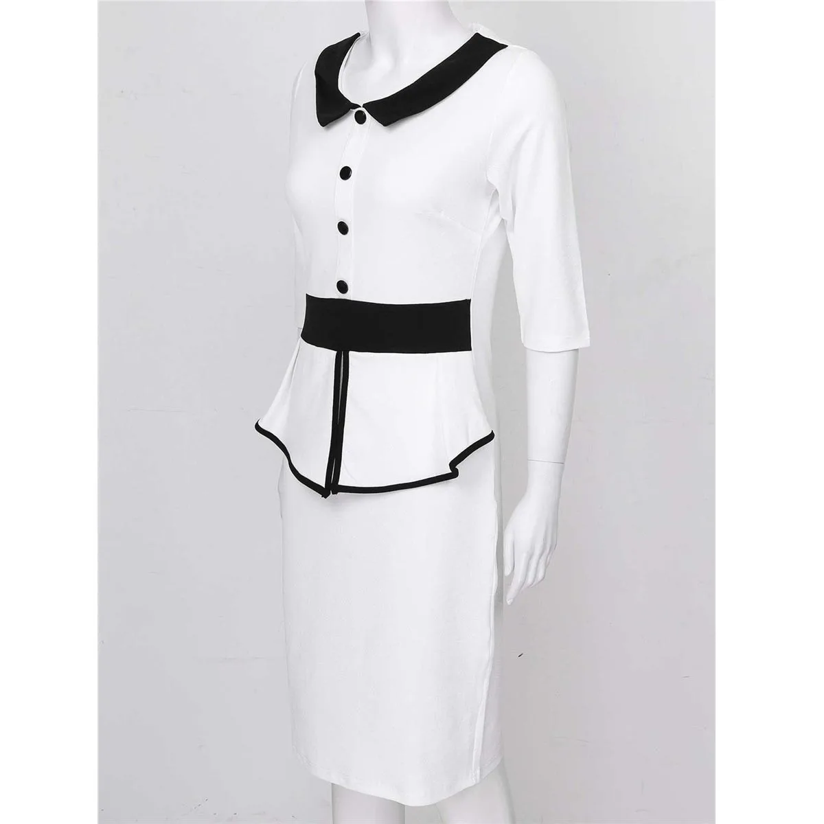 Women's Elegant Bodycon Dresses Knee Length Lapel Collar Office Ladies Pencil Dress Slim Fit Patchwork Peplum Femme Party Dress