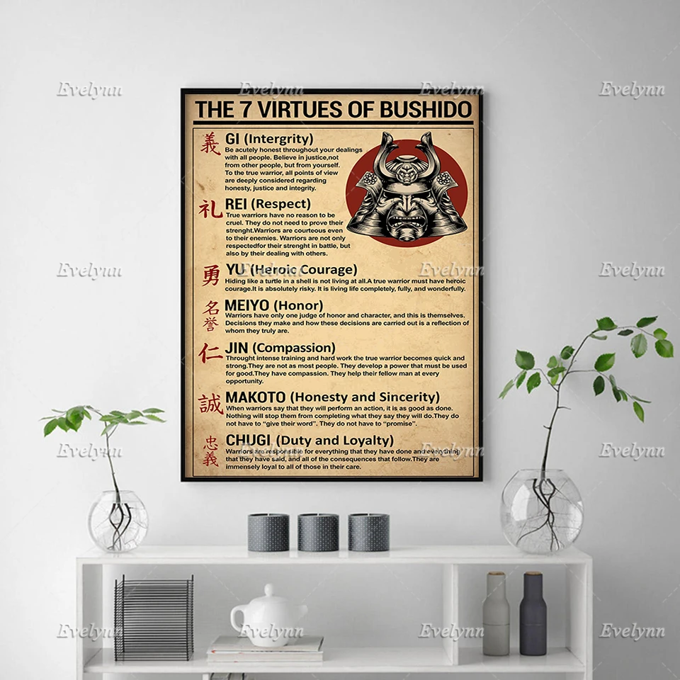 The Seven Virtues Of Bushido Poster Samurai Warrior Quotes 7 Virtues Of Bushido Wall Art Prints Home Decor Canvas FloatingFrame