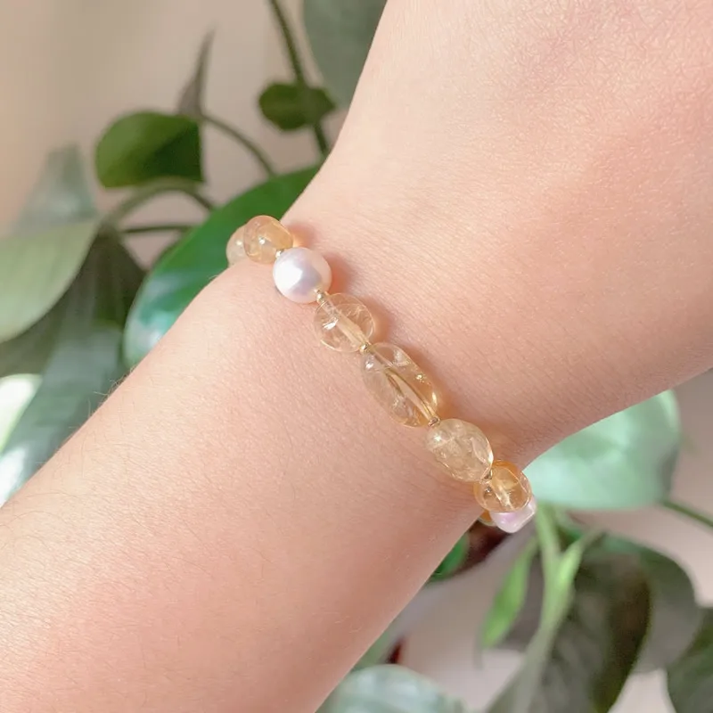 Rock Crystal Mineral Stone Strand Bracelet Baroque Freshwater Pearl Charm Natural Citrines Yellow Quartz Bracelet for Women Girl