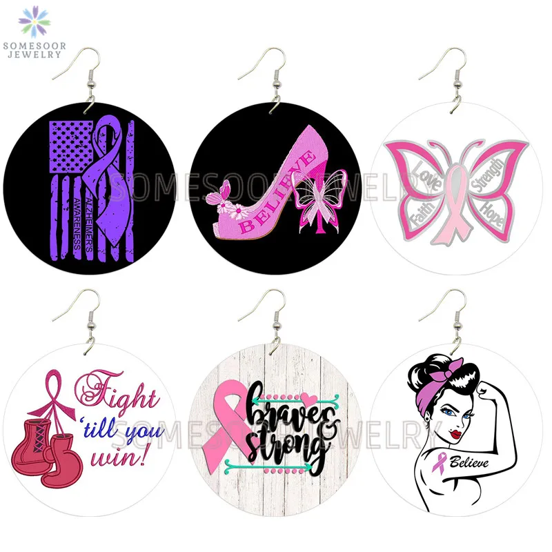 

SOMESOOR Breast Cancer Symbol Print Strength Wooden Drop Earrings Believe Strong Faith Hope Pink October Dangle For Women Gift