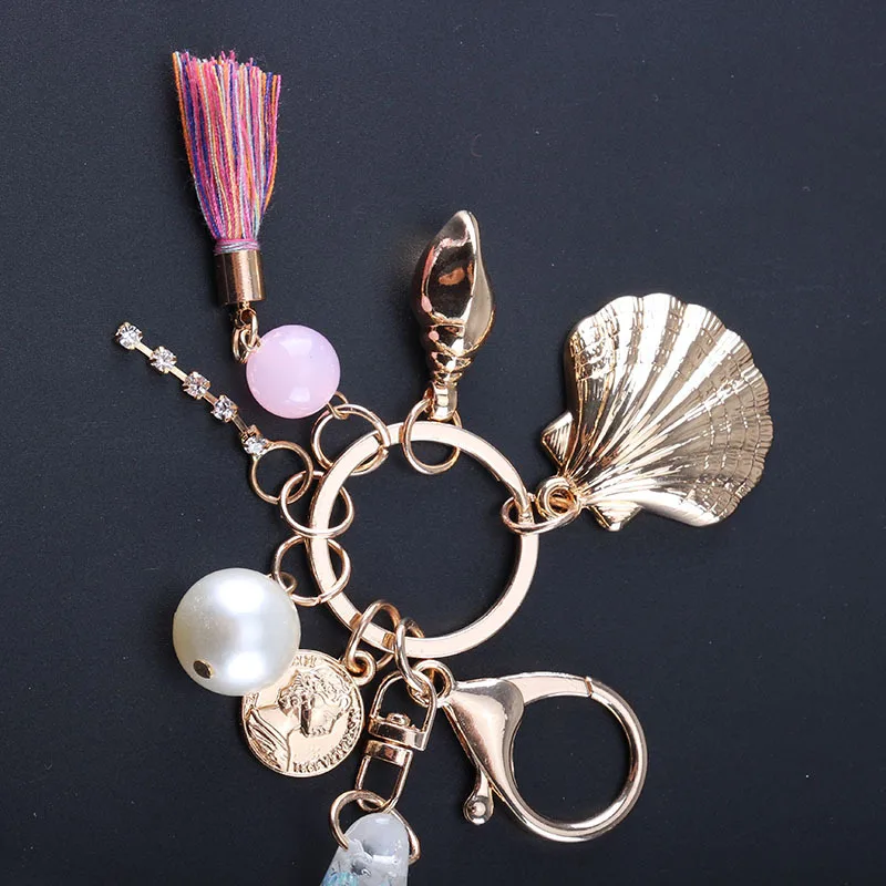 New Fantasy Cartoon Sea World Pearl Shell Starfish Keychain Pentagram Crystal Key chain Ladies Bag Car Key Alloy Pendant Jewelry