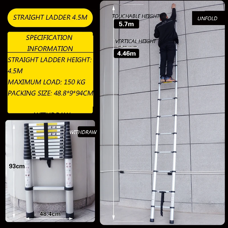 4.1 / 4.5m Single-Sided Telescopic Aluminum Ladder, Multifunctional Portable Foldable Construction Shrinking Elevator Tool