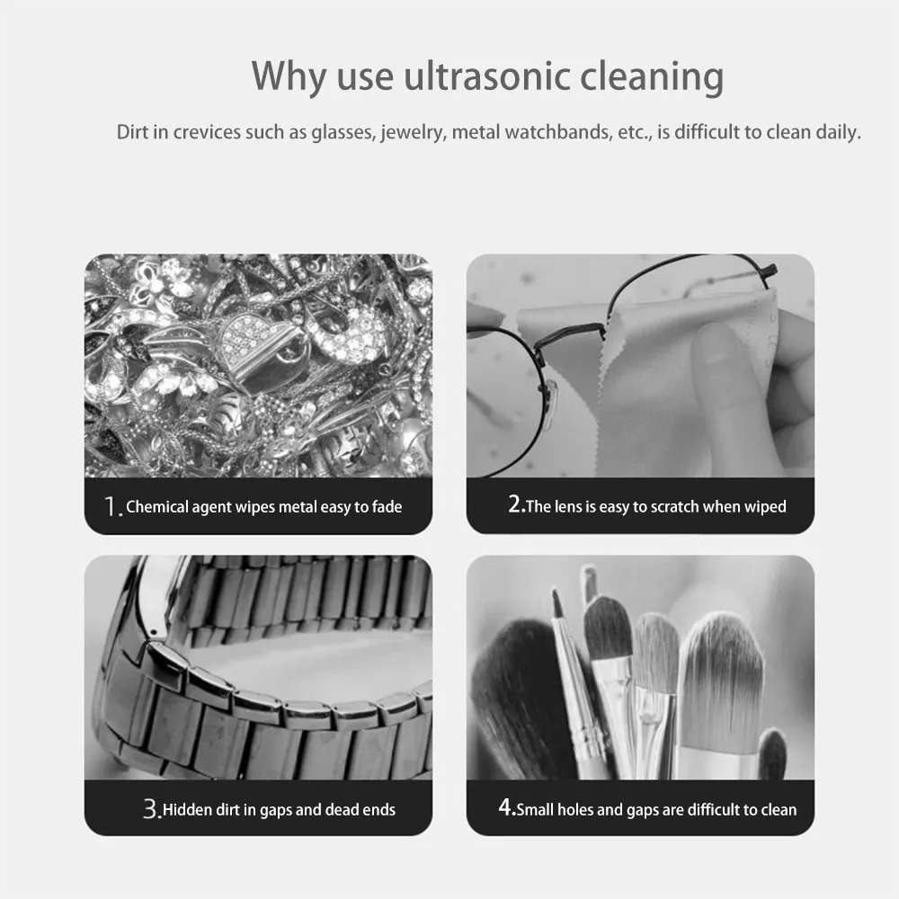 Ultrasonic Cleaner Cleaning Bath Ultrasound Washer Portable Machine Wave Tank Jewelry Glasses Watch Deep Decontamination Home