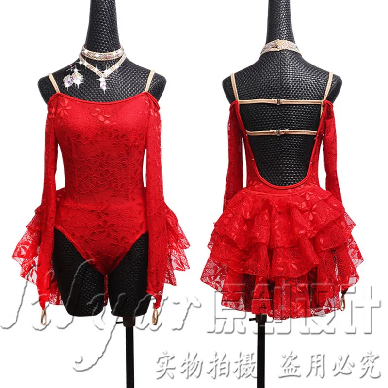 Pole dance competition skirt performance skirt pole girl custom women\'s Red Lace backless sexy dance skirt