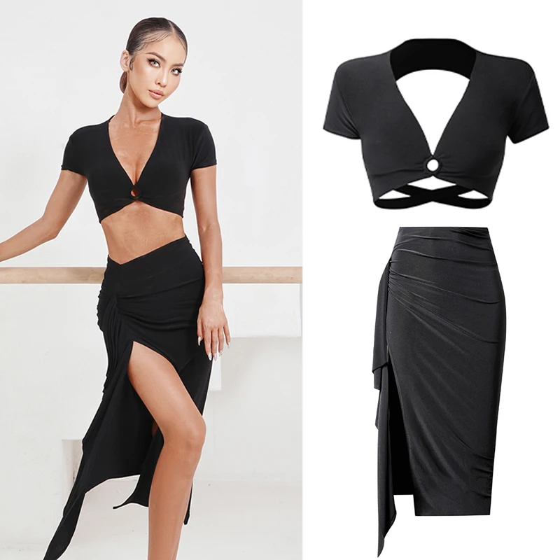 Latin Dance Costumes For Women Deep V Short-Sleeved Cross-Belt Latin Tops Diagonal Slit Long Skirt Competition Wear SL5300