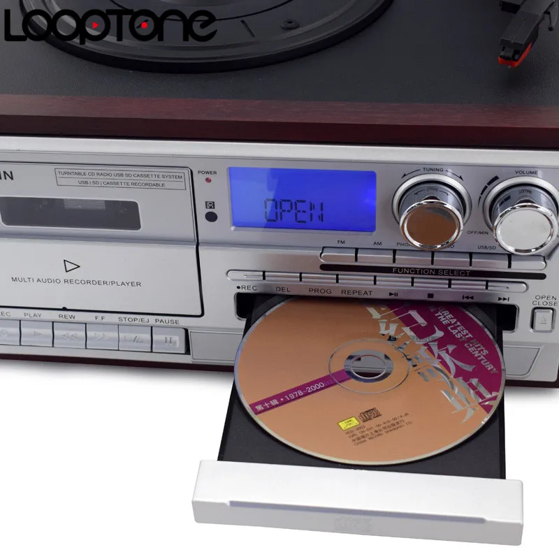 LoopTone-Gravadora de Vinil, 3 Velocidade, Bluetooth, Vintage Turntable, CD e Cassete Player, Rádio AM/FM, Gravador USB, Aux-in, RCA Line-Out