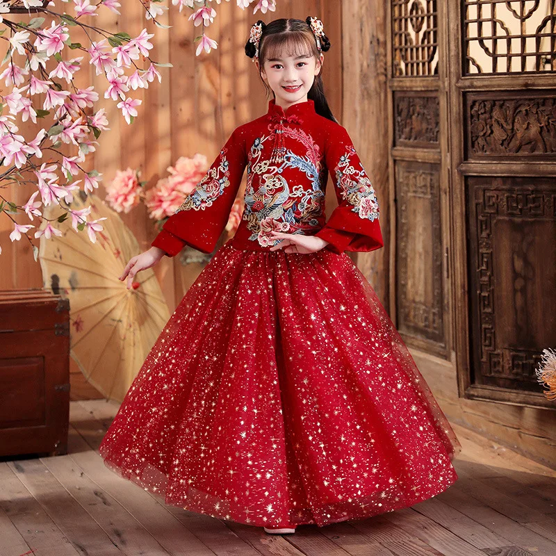 Robe de nouvel an chinois pour enfants, jolie ancienne Hanfu brodée pour filles, costume Tang traditionnel épais et matelassé