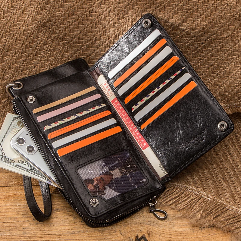 CONTACT\'S Genuine Leather Men Wallets Casual Long Purse Male with Phone Pouch Multi-function Card Holder Wallet Passport Cover