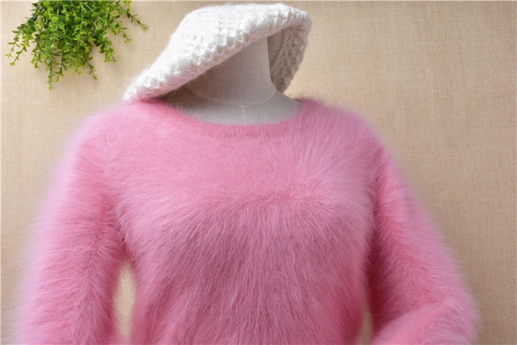 women sweater PINK sweet winter mink cashmere pure soft angora rabbit fur made o-neck slim sweaters pullovers