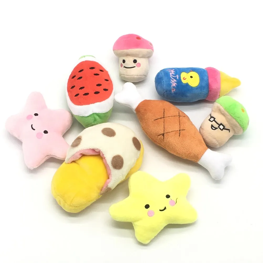 

1pc Plush Dog Toys Fruit Vegetable Chicken Drum Bone Squeak Toy Puppy Interactive Chew Squeaky Toy Radish Duck Sounding Pet Toys