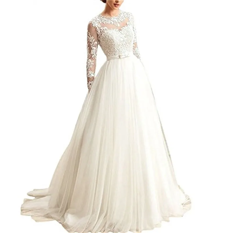 Wedding Dresses Bride Sweet Elegant Long Sleeve Lace Applique Sexy Open Back Embroidery Simple Retro Wedding Dresses