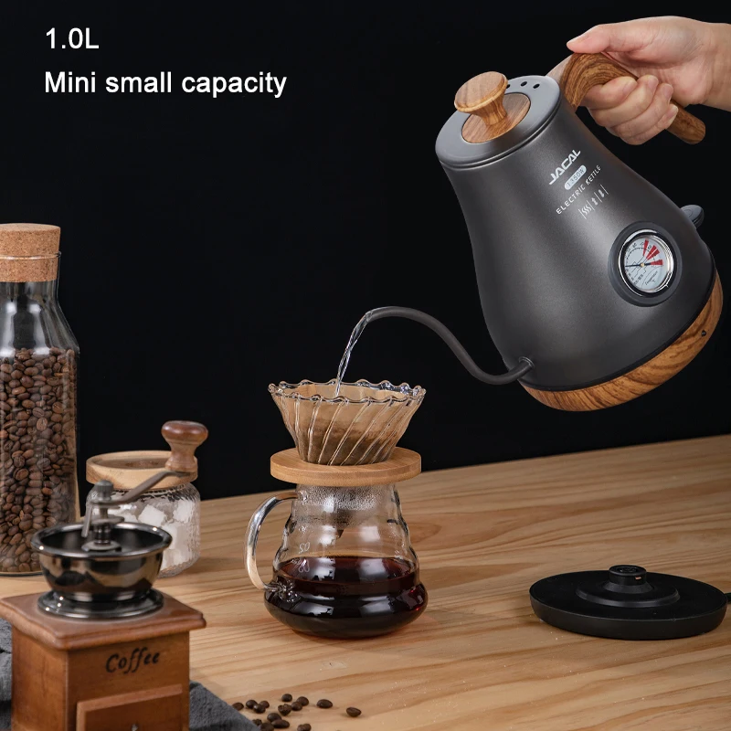 1.0L Electric Kettle Retro Gooseneck Hand Brewed Coffee Pot Slender Mouth Teapot Stainless Steel Liner Kettle with thermometer