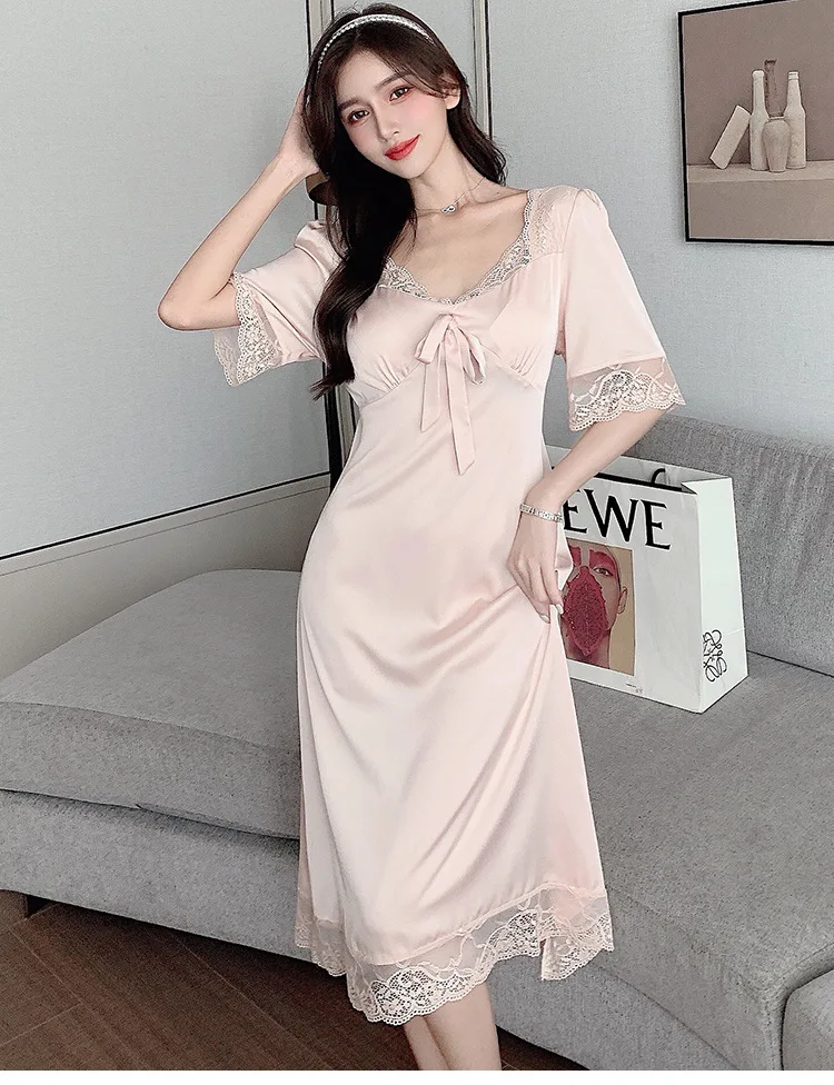 Women Sexy Black Long Nightdress Soft Satin Silk Sleepwear Home Dressing Gown Short Sleeve Lace Trim Nightgown Lingerie Bathrobe