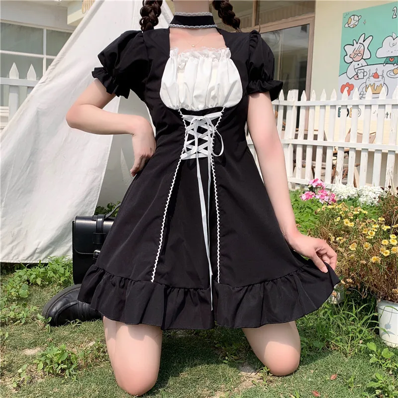 Women's Maid Dress Kawaii Lolita Outfit French Milkmaid Costume Cosplay Bandage Sexy Waitress Dress Puff Sleeve Uniform
