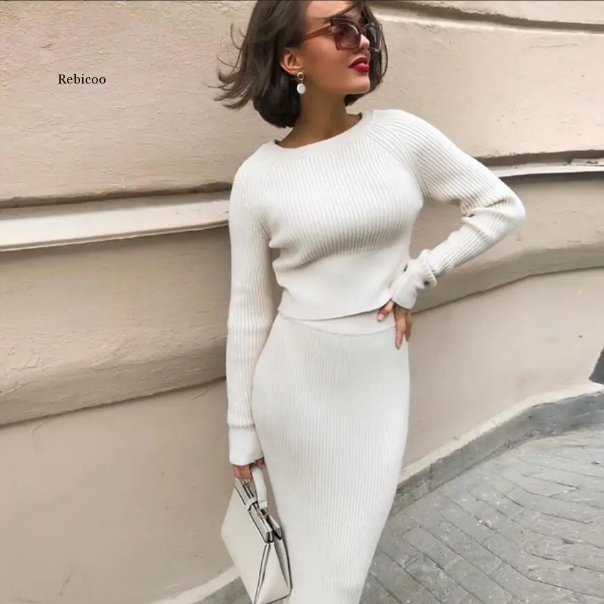 Knitted Sweater and Skirt Two Piece Set Women Autumn Slim Fit Crop Tops Women Sweater Skirts 2 Piece Sets Womens Outfits