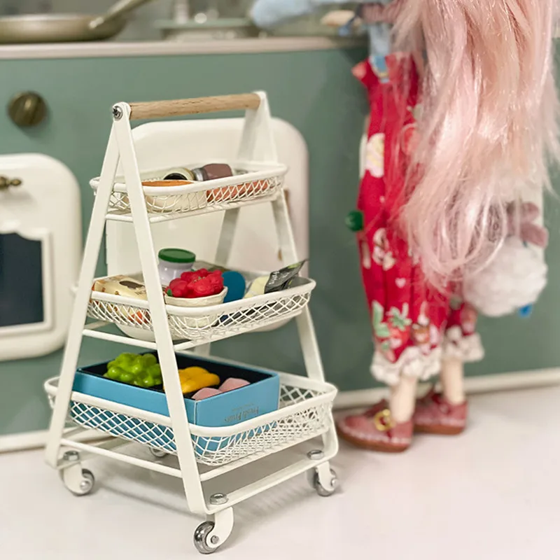 

1/6 Doll House Model Furniture Accessories Metal Storage Rack Trolley Bjd Blyth Soldier Lol Miniatures Kitchen Decor Sence Props