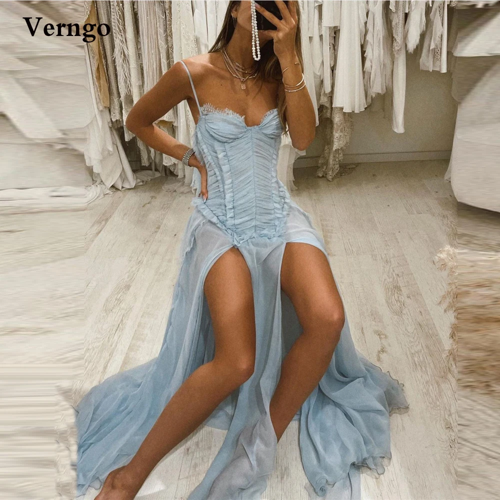 

Verngo Dusty Blue Chiffon Long Prom Dresses Spaghetti Straps Pleats Sweetheart Side Slit Evening Gowns Sexy Formal Party Dress