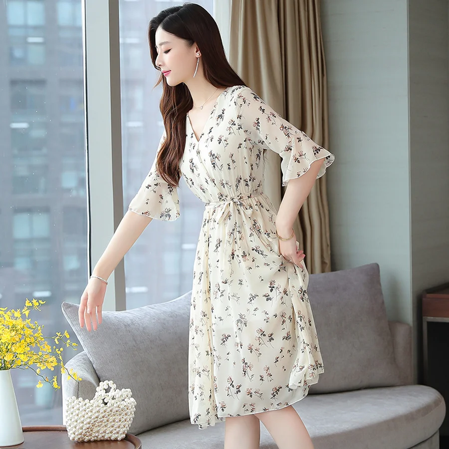 2024 New Elegant Apricot Floral Chiffon Midi Dress Spring Summer Print Vintage Runway Dress Women Bodycon Party Evening Vestidos