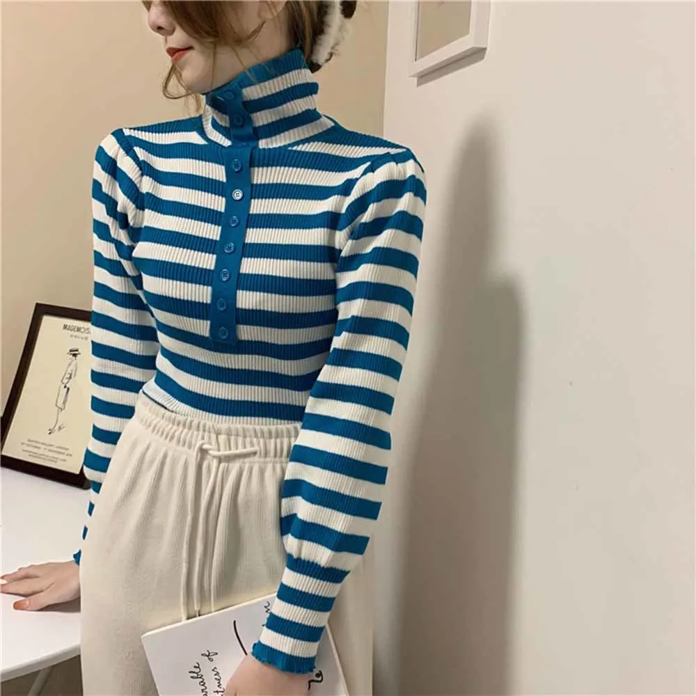 Winter Turtleneck Knitted Sweater Women Autumn Korean 2022 Long Sleeve Striped Pullover Slim Base Outwear Ladies Elegant Jumper