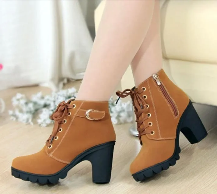 New spring Winter Women Pumps Boots High Quality Lace-up European Ladies shoes PU high heels Boots