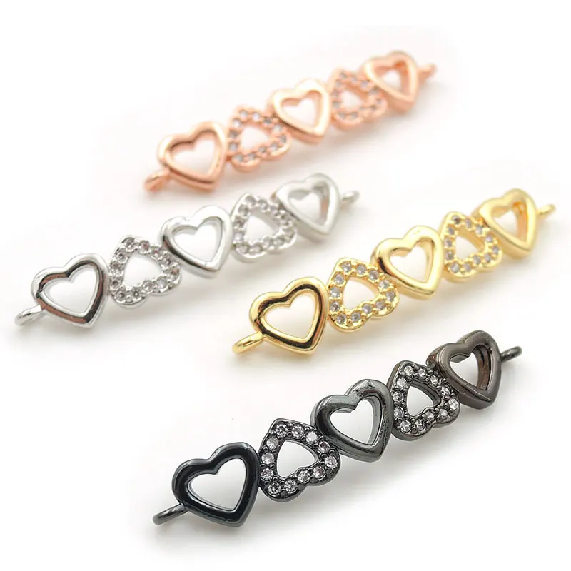 

30*6*2mm Micro Pave Clear CZ Arc Bar Connector Of 5 Hollow Hearts Fit For Women As DIY Bracelets Accessory