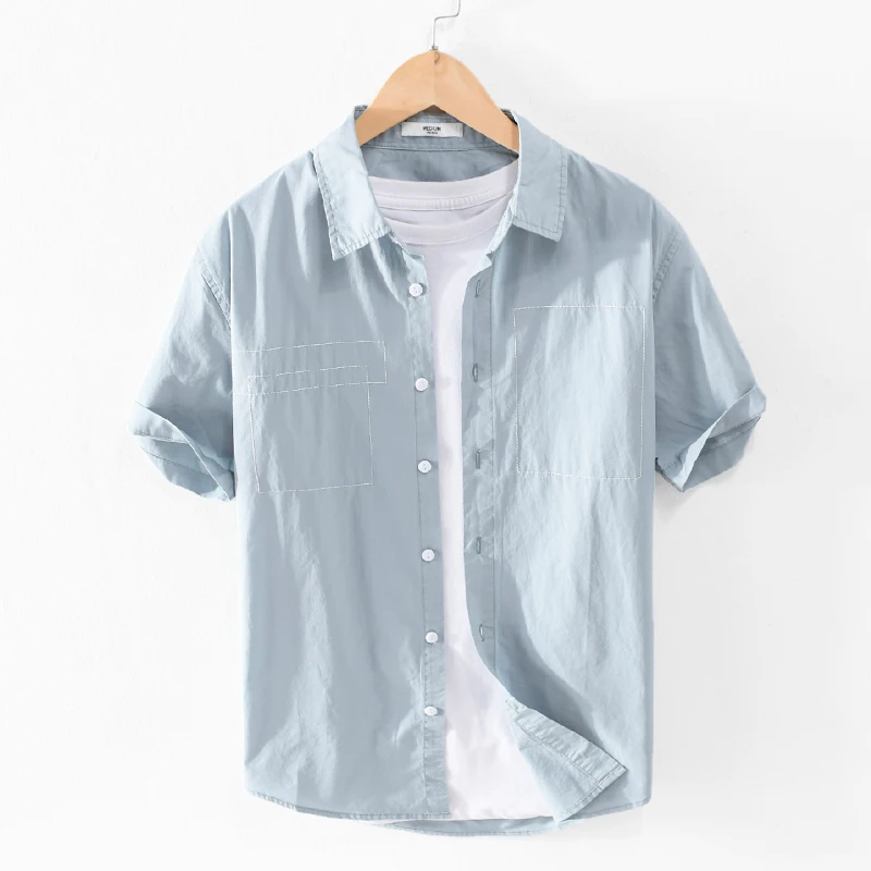 

100% Cotton short sleeve casual comfortable shirts men brand solid blue shirt for men chemise camisa tops mens clothes