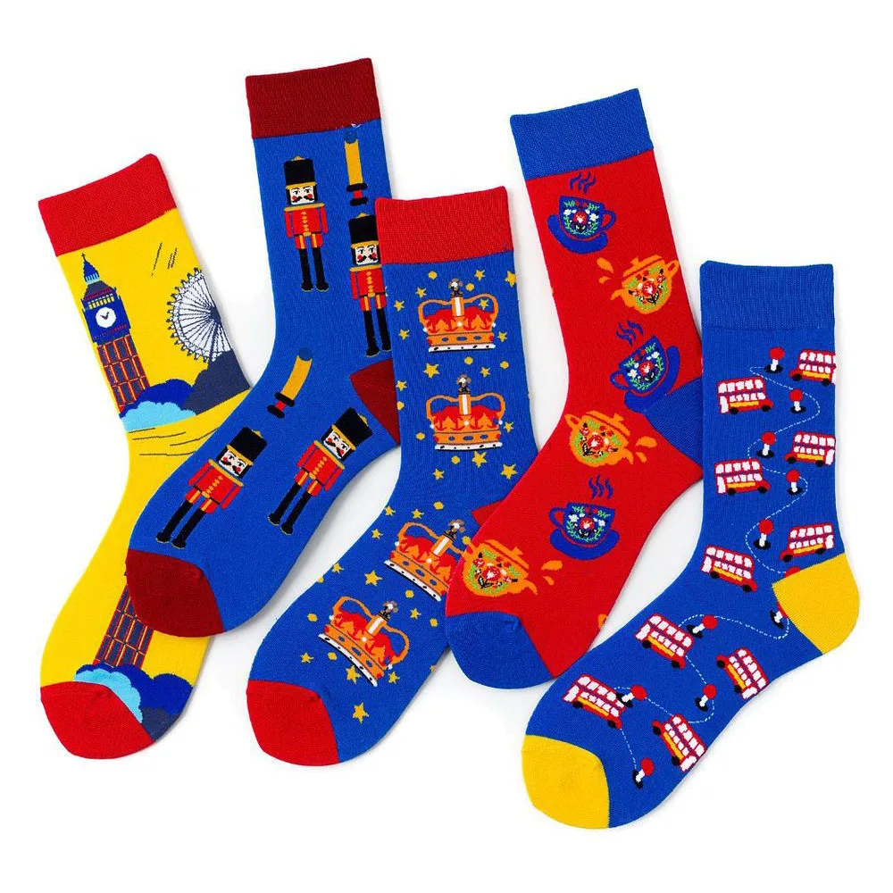 Happy Mens Socks Double-decker Bus Guard Crown Big Ben Ferris Wheel Teapot Funny Socks Combed Cotton Calcetines Largos Hombre