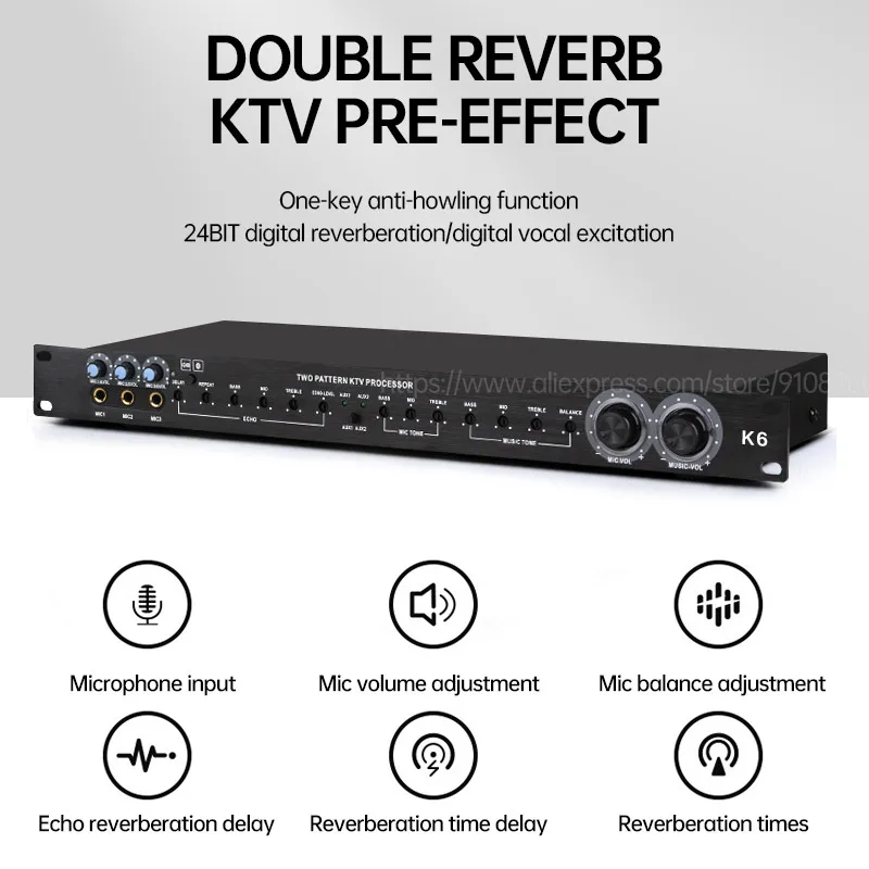 

K6 Professional KTV Preamp Effector Singing Anti-Howling Karaoke Preamp Home Stage Performance Digital Home Reverb