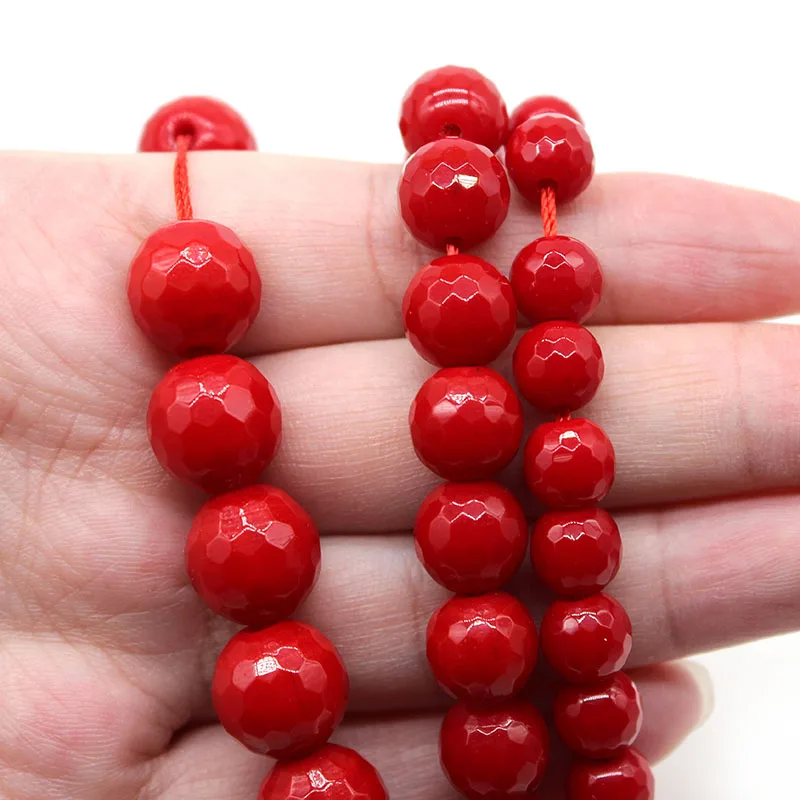 Natural Faceted Red Coral Stone Round Loose Spacer Beads 6/8/10mm Jewelry Handmade Necklace Bracelets DIY Making Accessories 15\