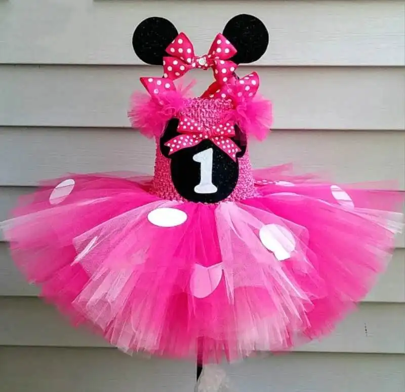 

Cute Girls Pink Tutu Dress Baby Crochet Tulle Dress with White Dots and Hairbow Kids Birthday Party Cartoon Cosplay Dress