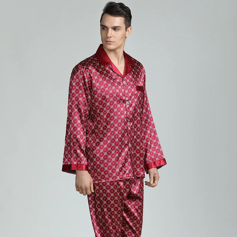 Casual Sleepwear Men Pajamas Set 2PCS Shirt&Pants Satin Faux Silk Nightwear Print Pijamas Soft PJS Set Intimate Lingerie