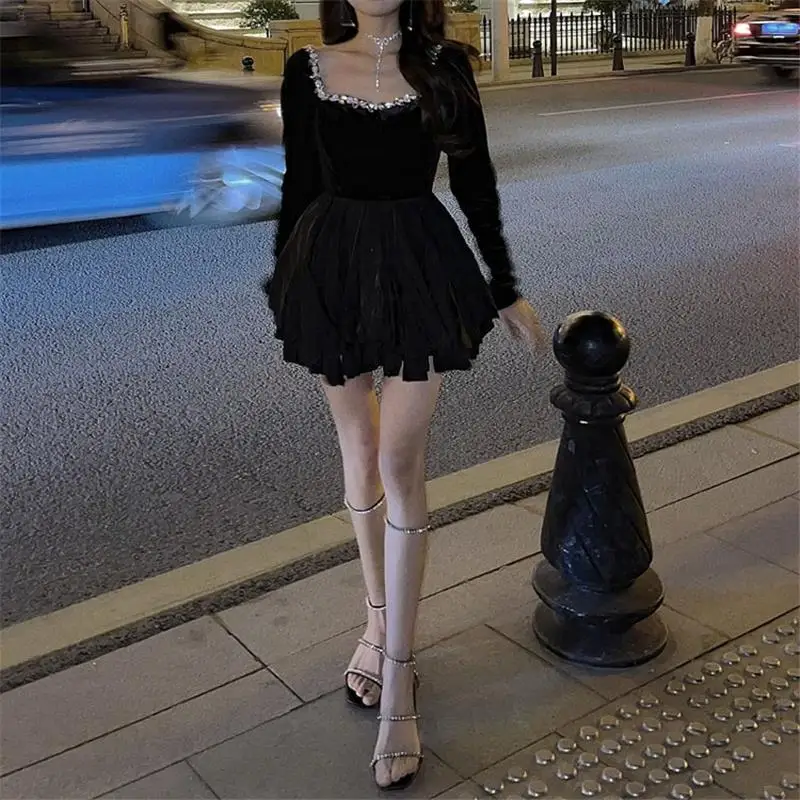 Vintage Velvet Mini Sexy Dress Women Diamonds Design Korean High Street Gothic Dress Female Winter Evening Party Fairy Dress Y2k