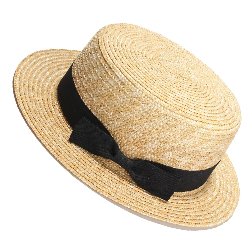 REHOOS Natural Wheat Straw Boater Fedora Top Flat Hat Women Summer Beach Flat Brim Cap Bowknot Ribbon For Holiday Party