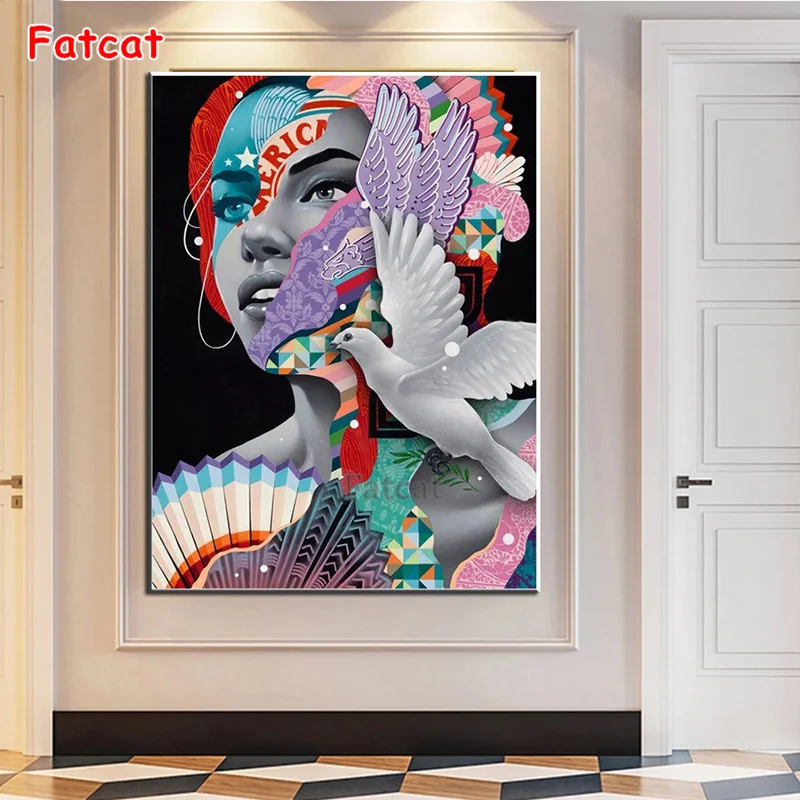 full square diamond painting Abstract art, painted woman, flying bird pictures for embroidery diamond mosaic paintings PP2663