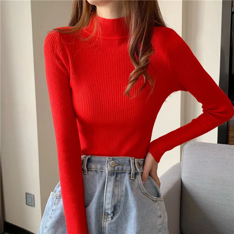 

Hot Autumn Sweater Women Korea Style Rib Knitted Pullover Winter Long Sleeve Mock Neck Colorful Casual Sweater Soft Pull Femme