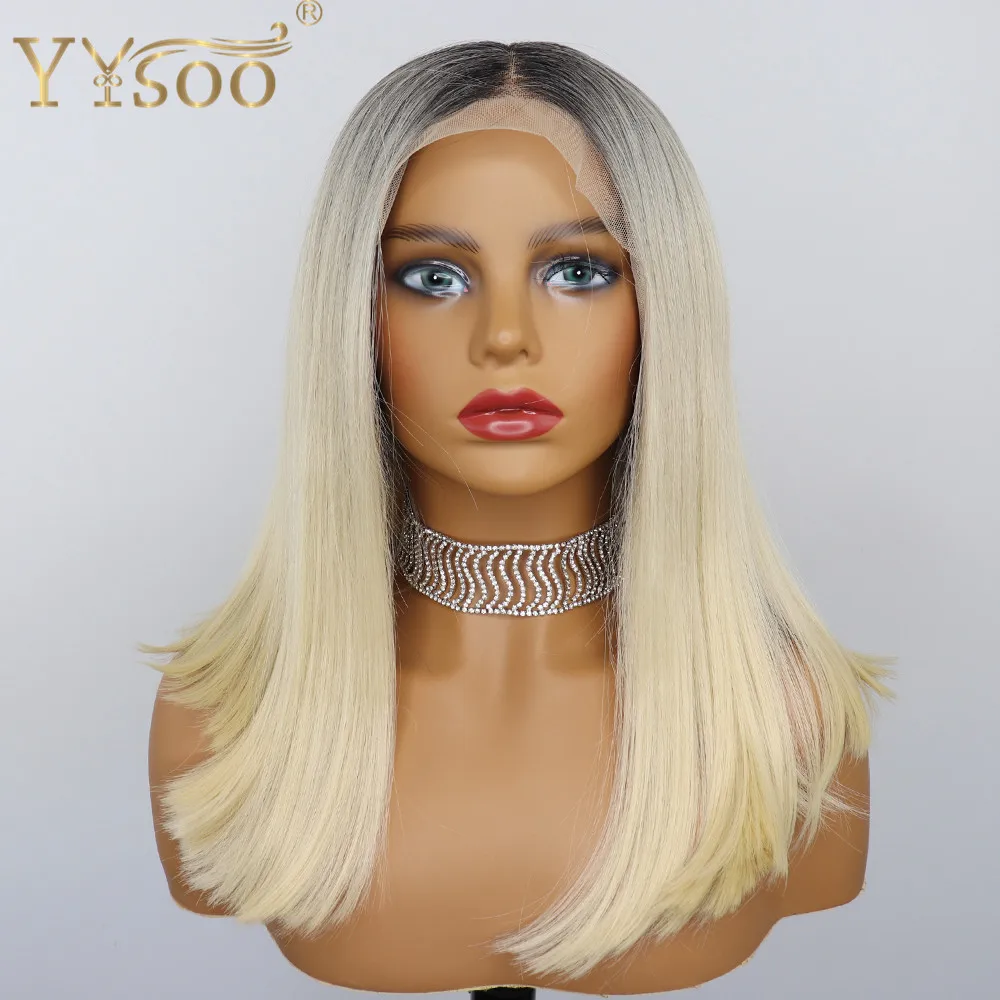 

YYsoo Dark Roots Ombre Blonde Synthetic Lace Front Bob Wigs 13x4 Futura Heat Resistant Short Ombre Straight Half Hand Tied Wigs