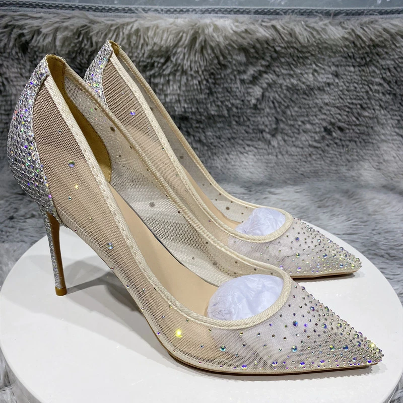 Heelgoo – chaussures d'été à talons hauts et bout pointu pour femme, élégantes, en tissu gaze avec strass, pour mariage