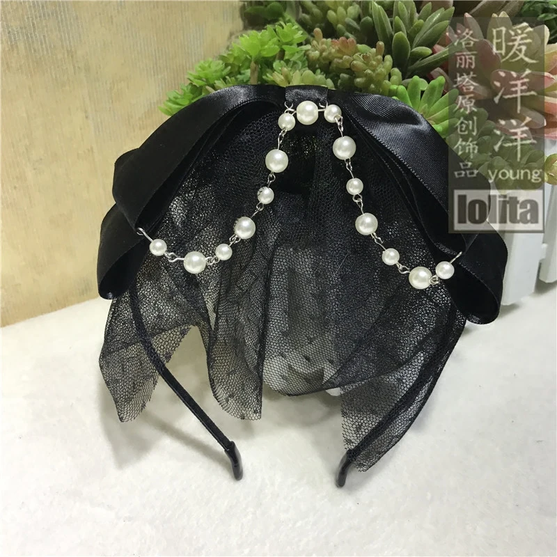 Dark Lolita mesh bead chain bow headband lolita headdress