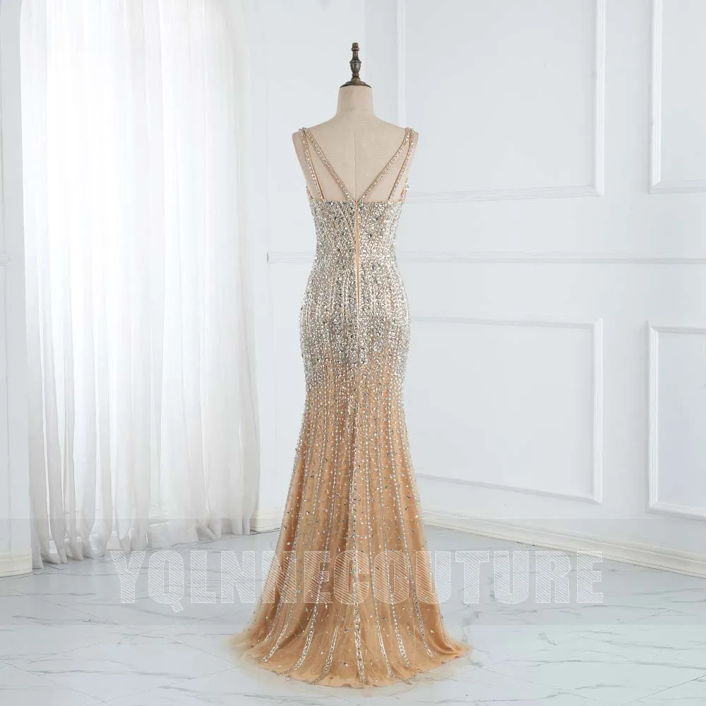 Luxury Light Golden Crystals Beaded Evening Gown Mermaid Party Dresses V Neck Tulle Back Zipper Fashion Robes De Soirée