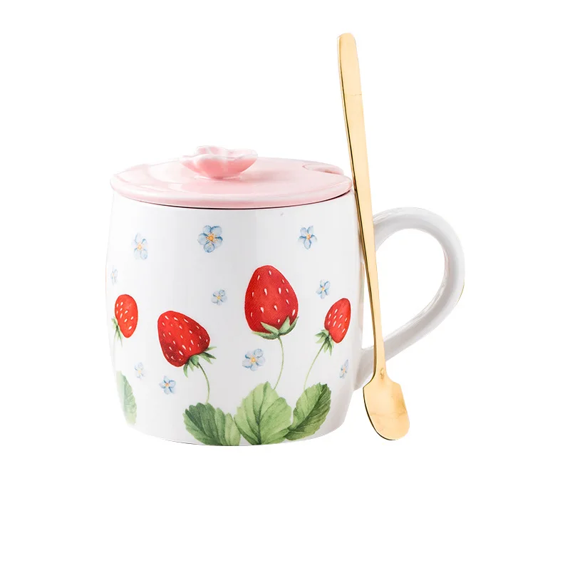 

13.5oz Cute Strawberry Ceramic Mug with Lid Gold Spoon Porcelain Coffee Mugs Milk Tea Cup for Household Office