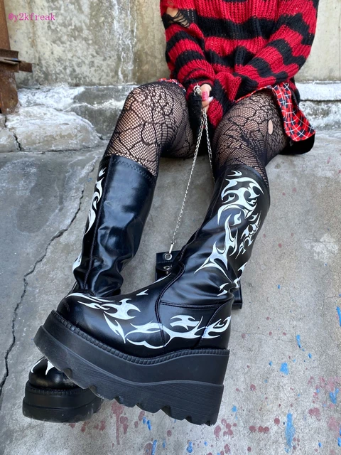 Y2K Grunge Boots Punk Goth Fireworks Platform Boots Chunky Heel Wedge Women  Boots Thick Bottom Winter Shoes Egirl Knee High - AliExpress