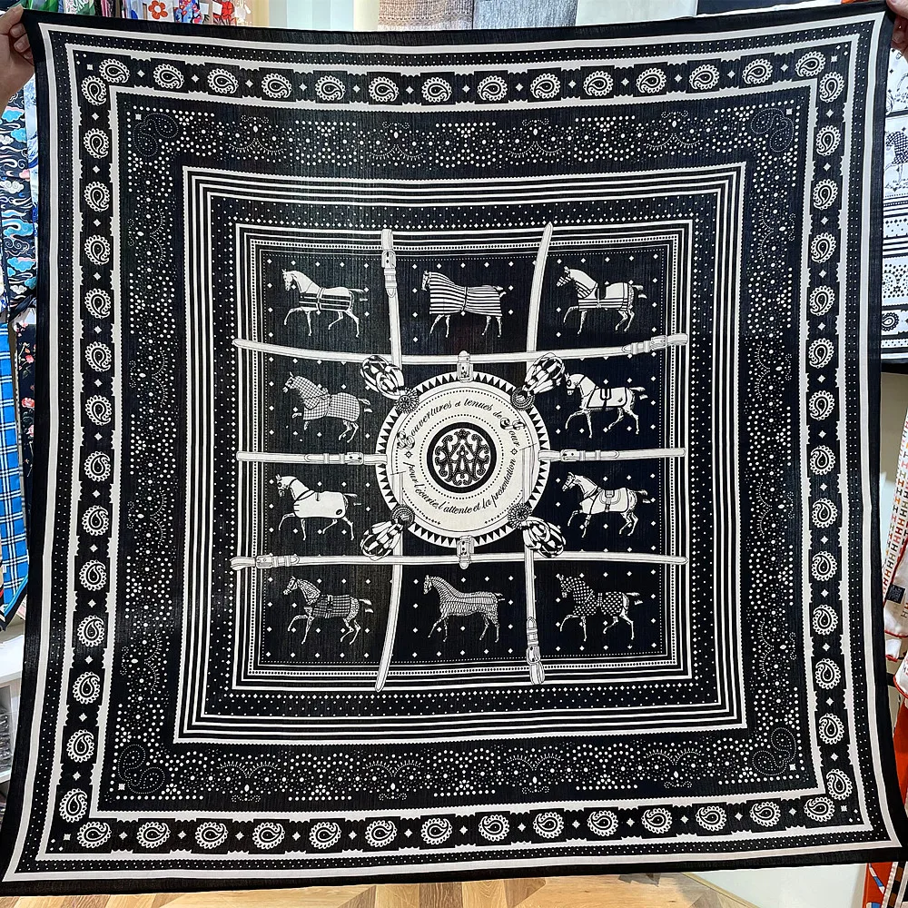 

POBING Silk Cashmere Scarf Women Hand Rolled Shawls Ten Horse Print Square Scarves Wraps Lady Bandana Big Hijabs Female Foulards