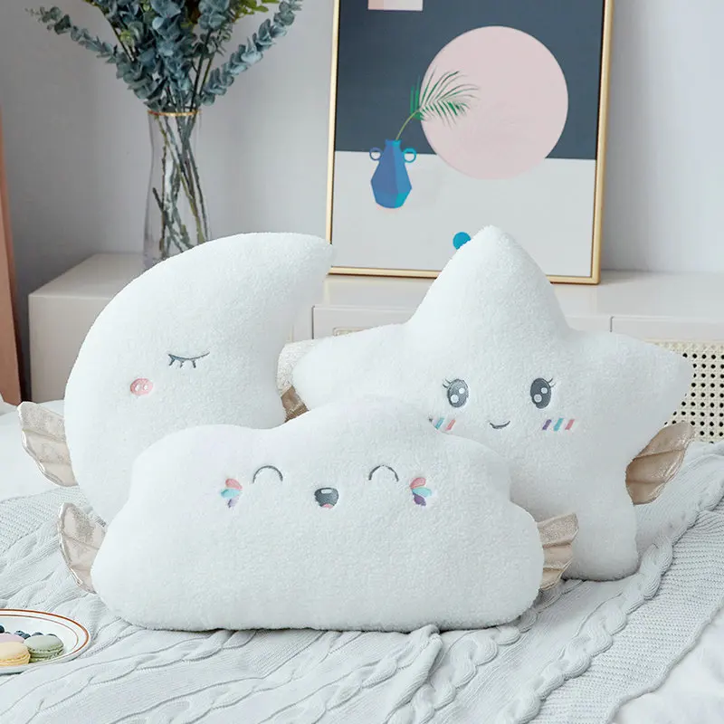 New White Cloud Moon Star Plush Pillow White Cloud Soft Cushion Bed Head Oad Decoration Angel Plush Doll toys Girl Gift