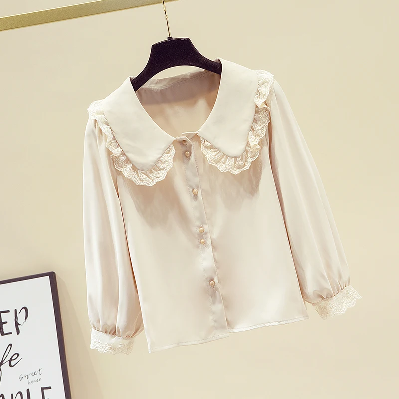 Women Clothing 2021 Spring Chiffon Shirt Female Sweet Lace Stitching Puff Sleeve Top Doll Collar Cardigan Shirt Blusas Mujer