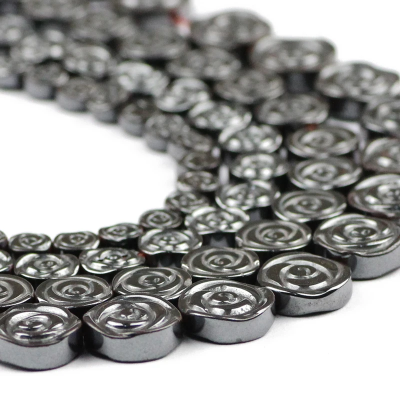 JHNBY Roses Flowers Black Hematite 6/8/10/12MM Natural Stone Flat Round Loose Beads For Jewelry Bracelet Making DIY Accessories