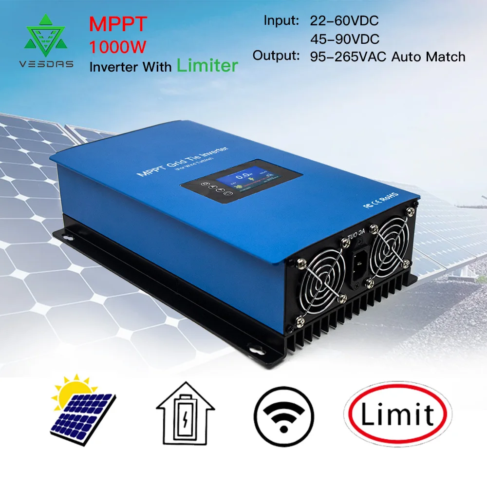 1000W Solar Inverter Grid Tie MPPT MIcro Inversor Battery Discharge Power Mode with Internal Limiter Sensor 24 48 VDC 95-265VAC